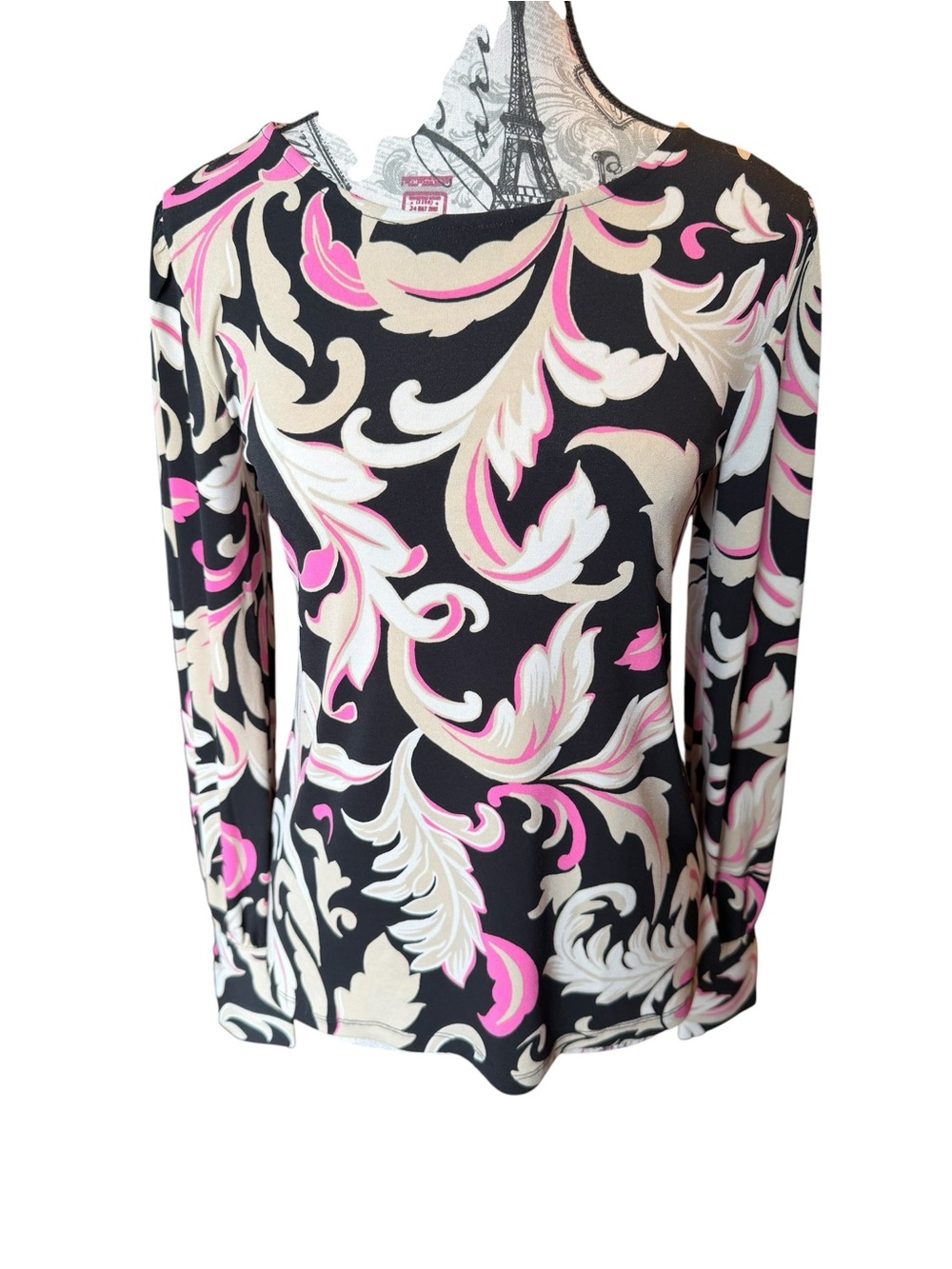 Ann Taylor Black Long-Sleeve Scroll Print Top with Pink and Cream Accents
